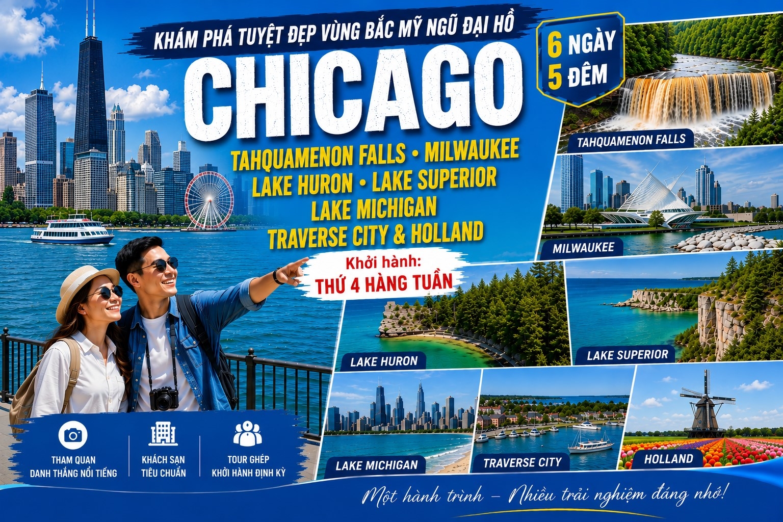 KHÁM PHÁ TUYỆT ĐẸP VÙNG BẮC MỸ NGŨ ĐẠI HỒ CHICAGO: Tahquamenon Falls - Milwaukee - Lake Huron - Lake Superior - Lake Michigan - Traverse City & Holland