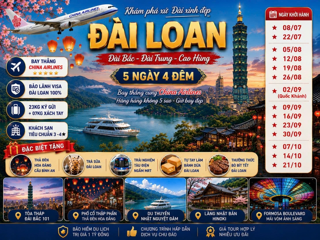 TOUR ĐÀI LOAN: ĐÀI TRUNG - CAO HÙNG - ĐÀI BẮC